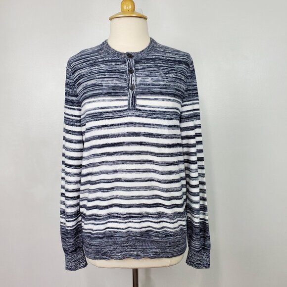 Express Black Gray White Striped Preppy Partial Button Front Sweater Top Size M - Picture 1 of 13
